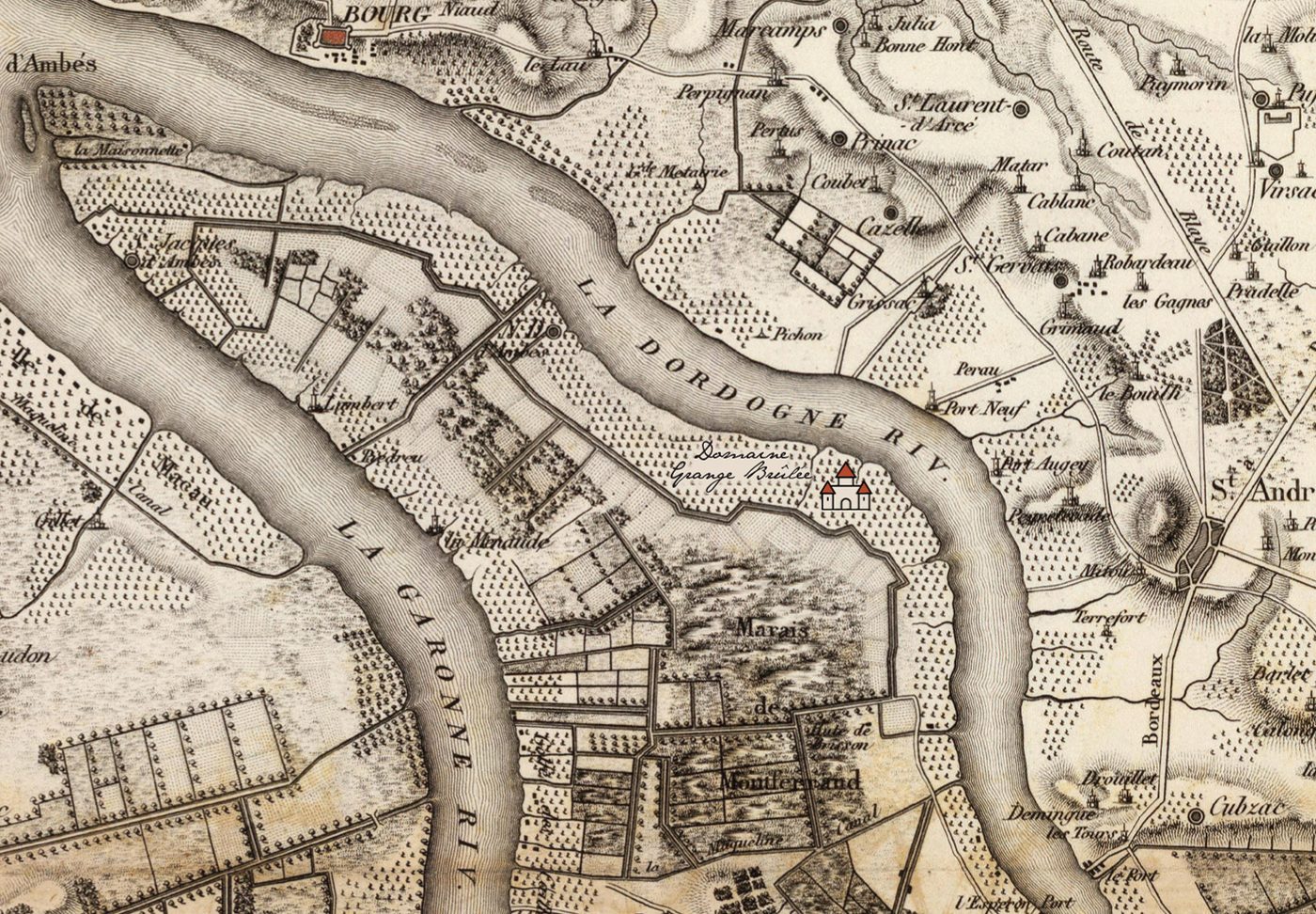 Old map of the Garonne and the Dordogne, the estate marked